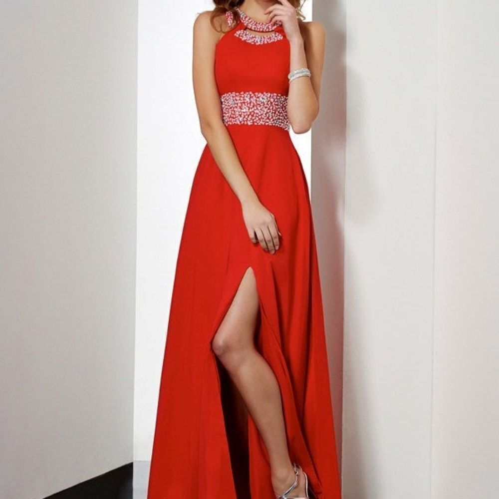 Empire Jewel Sleeveless Acrylic Jewels Long Chiffon Red Dress Sz 2